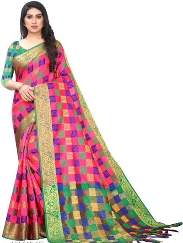 ADRIKA  Banarasi Silk  Saree With Banarsi Silk Separate Blouse Piece - Free Size, Pink/ Green, Banarasi Silk, Pack of 1